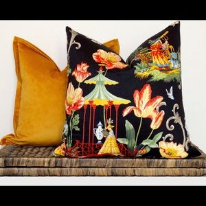 Custom Pillow Covers black chinoiserie pillows with red pagodas